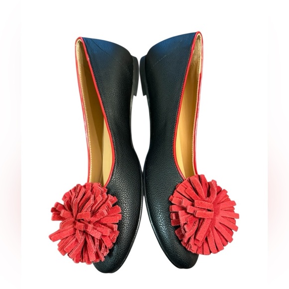 Love Moschino Red Puff Pom Pom Black Leather Flats Size 38/ US 8 - Picture 4 of 10